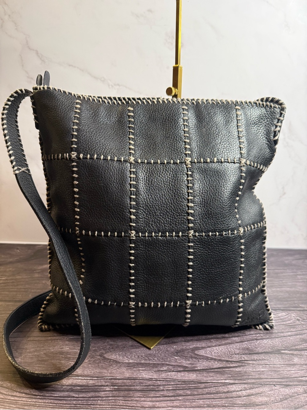 Carlos Falchi Vintage Black Leather Patchwork Whipstitch Shoulder Bag